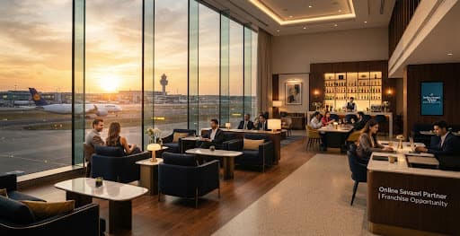 Premium airport lounge with runway view at sunset